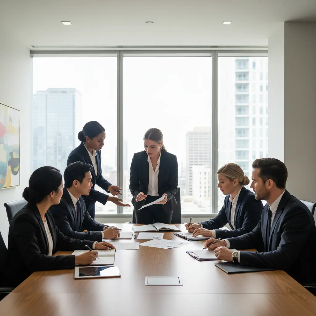 Team of diverse professional attorneys in a modern boardroom discussing documents
